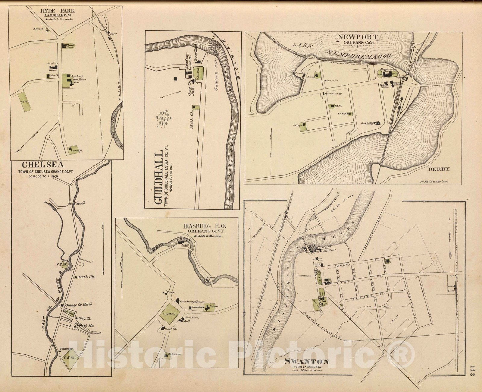 Historic Map : 1876 Hyde Park, Guildhall, Newport, Chelsea, Irasburg P.O, and Swanton, Vermont. - Vintage Wall Art