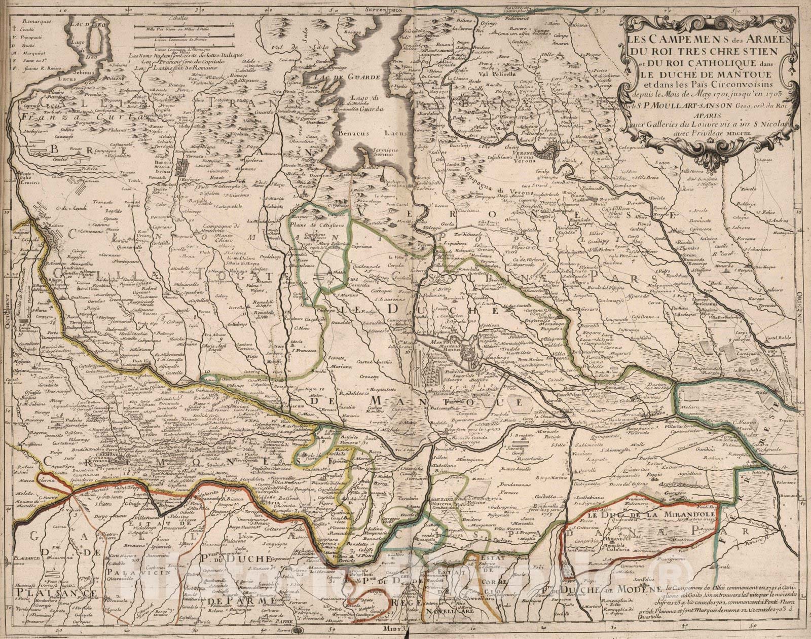 Historic Map : 1703 Armed Encampments of the Very Christian King and the Catholic King in the Duchy of Mantua, Italy. - Vintage Wall Art