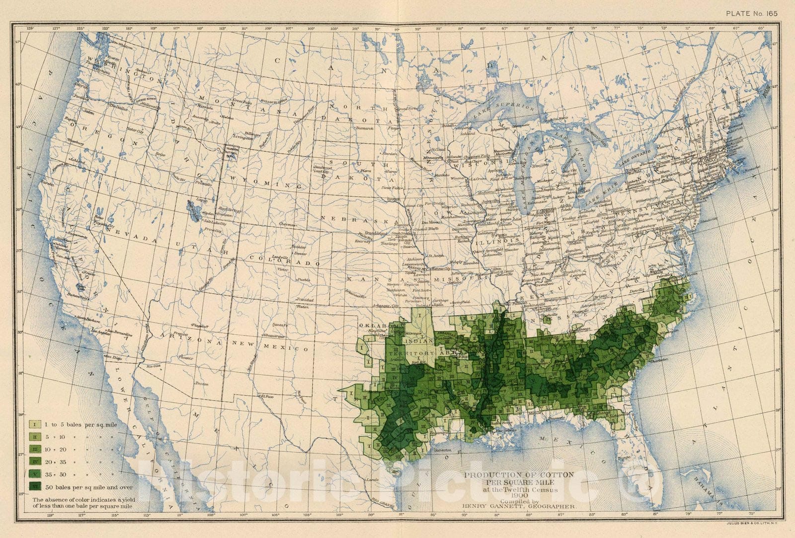 Historic Map : Statistical Atlas - 1903 165. Cotton/sq. mile. - Vintage Wall Art
