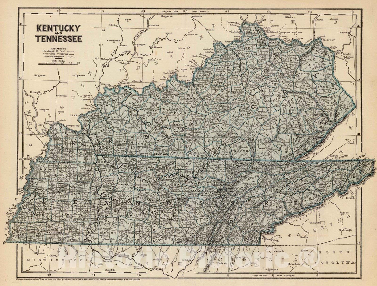 Historic Map : National Atlas - 1845 Kentucky, Tennessee. - Vintage Wall Art
