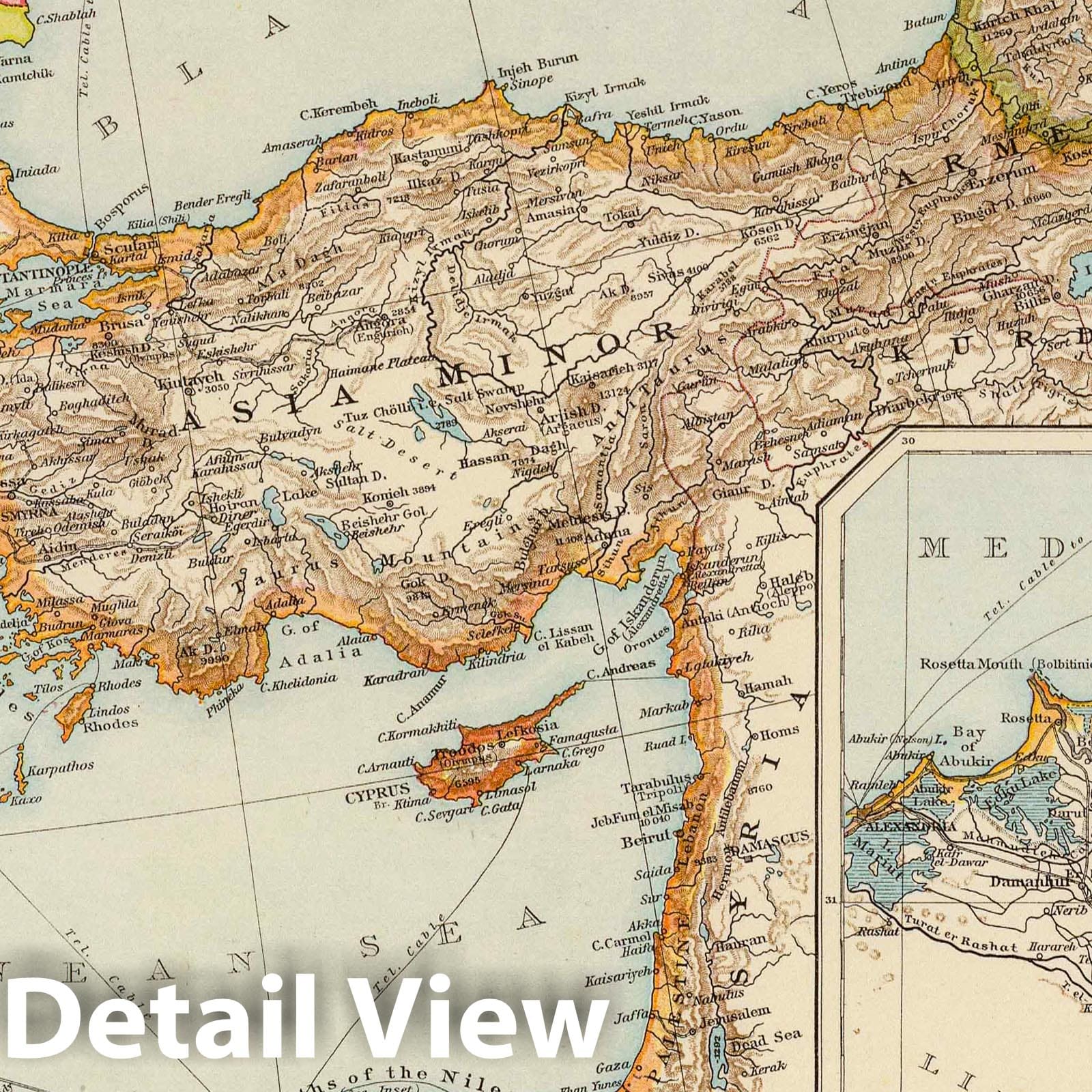 Mediterranean Sea, Eastern with Nile Delta and Suez Canal - 1895 Railroad Map Print