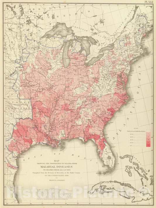 Historic Map : Statistical Atlas - 1874 Malarial deaths US. - Vintage Wall Art