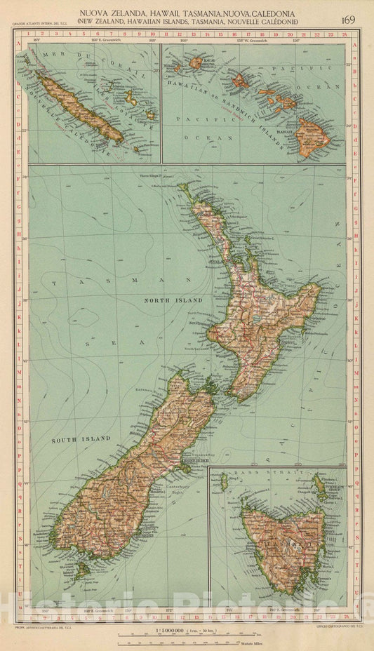 Historic Map : Australia; New Zealand, Hawaii, Caledonia 1929 169. Nuova Zelanda, Hawaii, Tasmania, Nuova Caledonia. , Vintage Wall Art