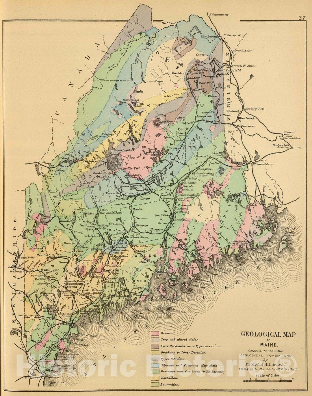 Historic Map : 1894 Geological map of Maine. - Vintage Wall Art