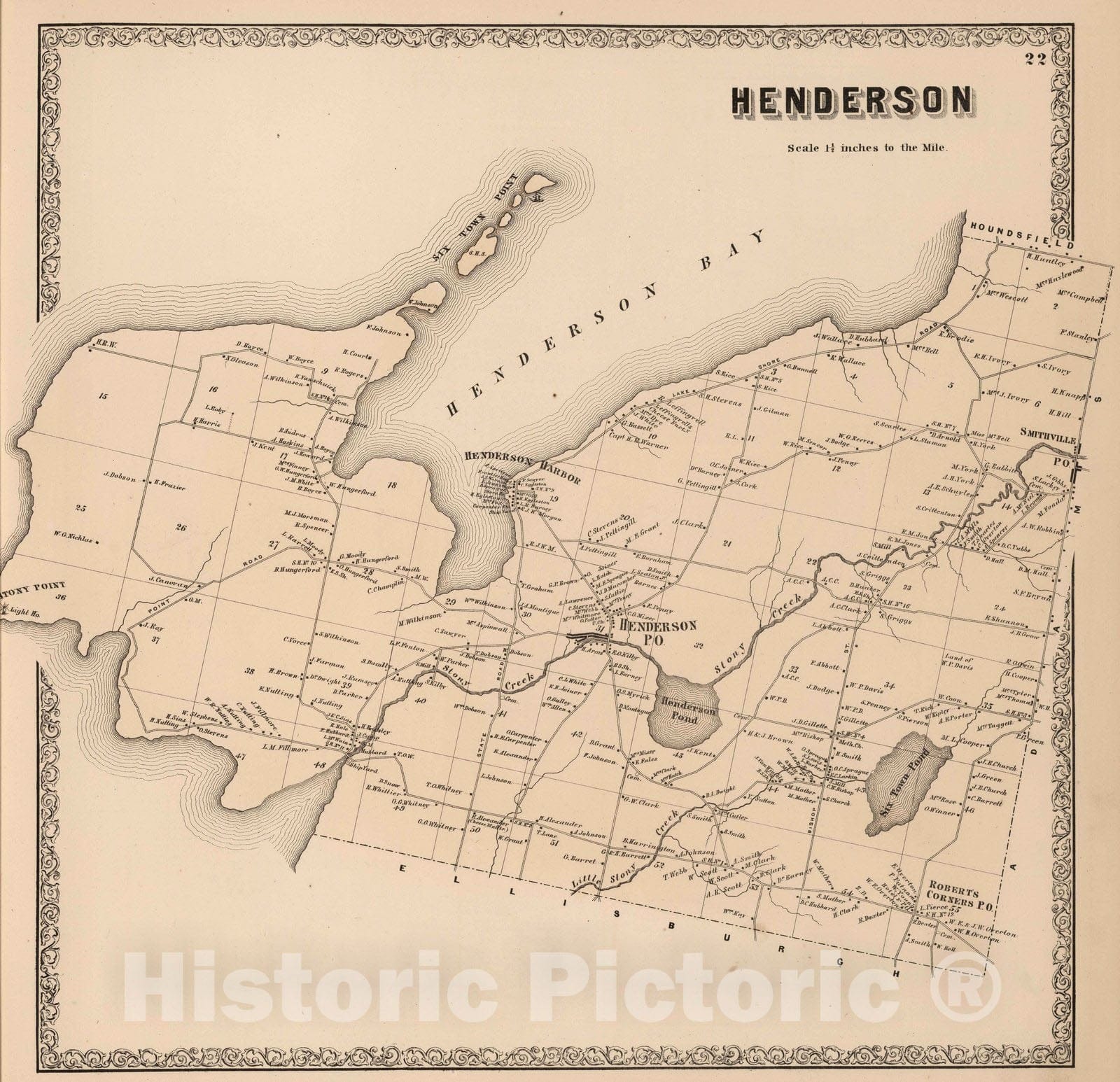 Historic Map : 1864 Henderson, Jefferson County, New York. - Vintage Wall Art