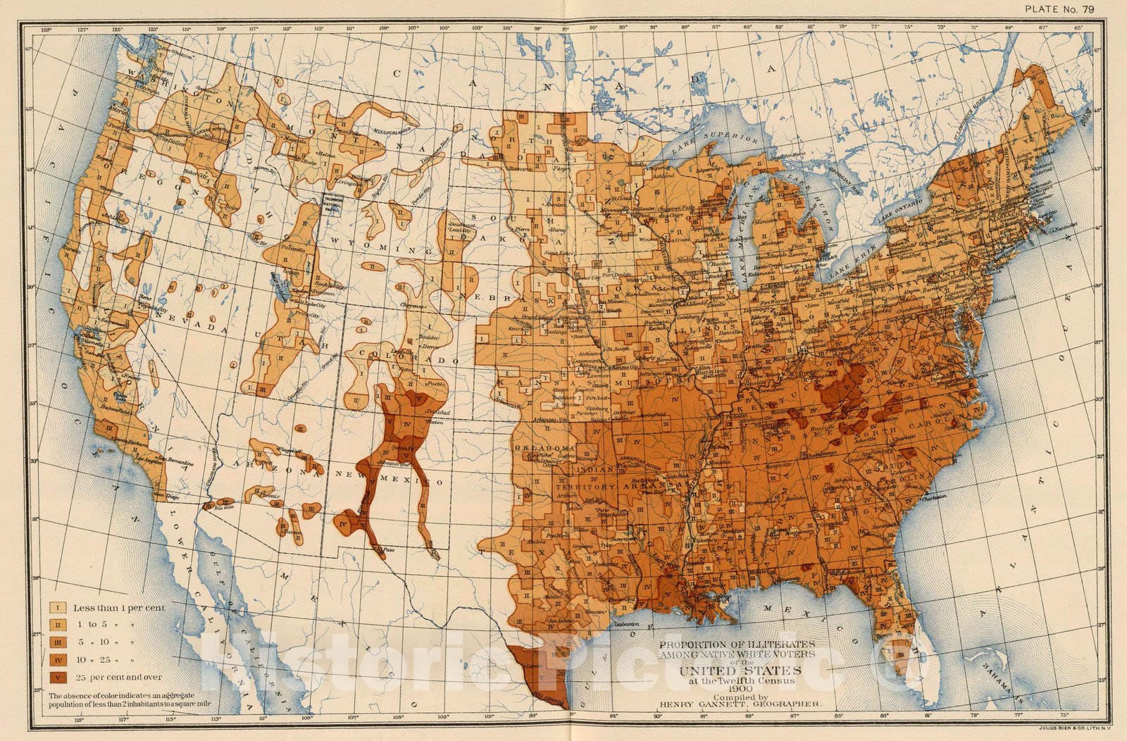 Historic Map : Statistical Atlas - 1903 79. Proportion illiterates white voters. - Vintage Wall Art