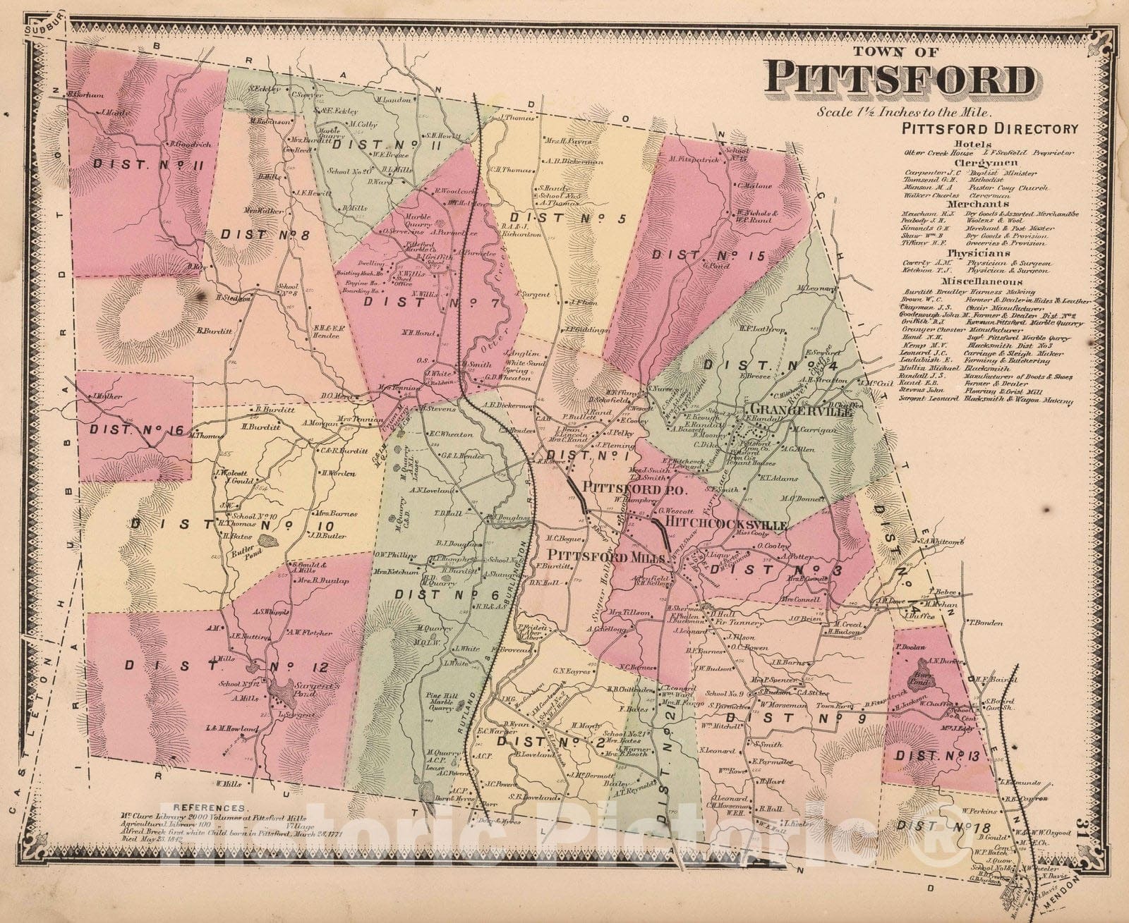 Historic Wall Map : 1869 Pittsford, Rutland County, Vermont. - Vintage Wall Art