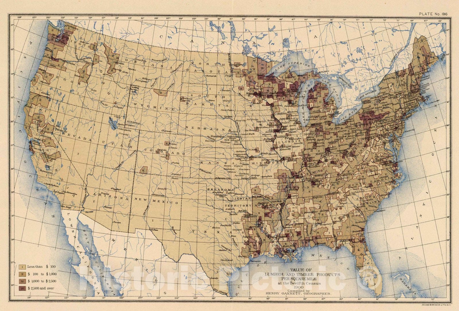 Historic Map : Statistical Atlas - 1903 196. Value lumber, timber/sq. mile. - Vintage Wall Art