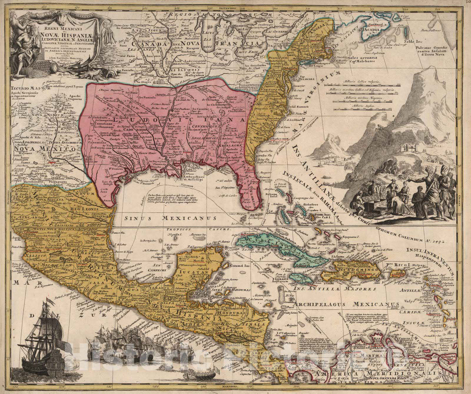 Historic Map : Mexico, , West Indies 1720 Regni Mexicani Novae Hispaniae Ludoviciana, N. Angliae. , Vintage Wall Art
