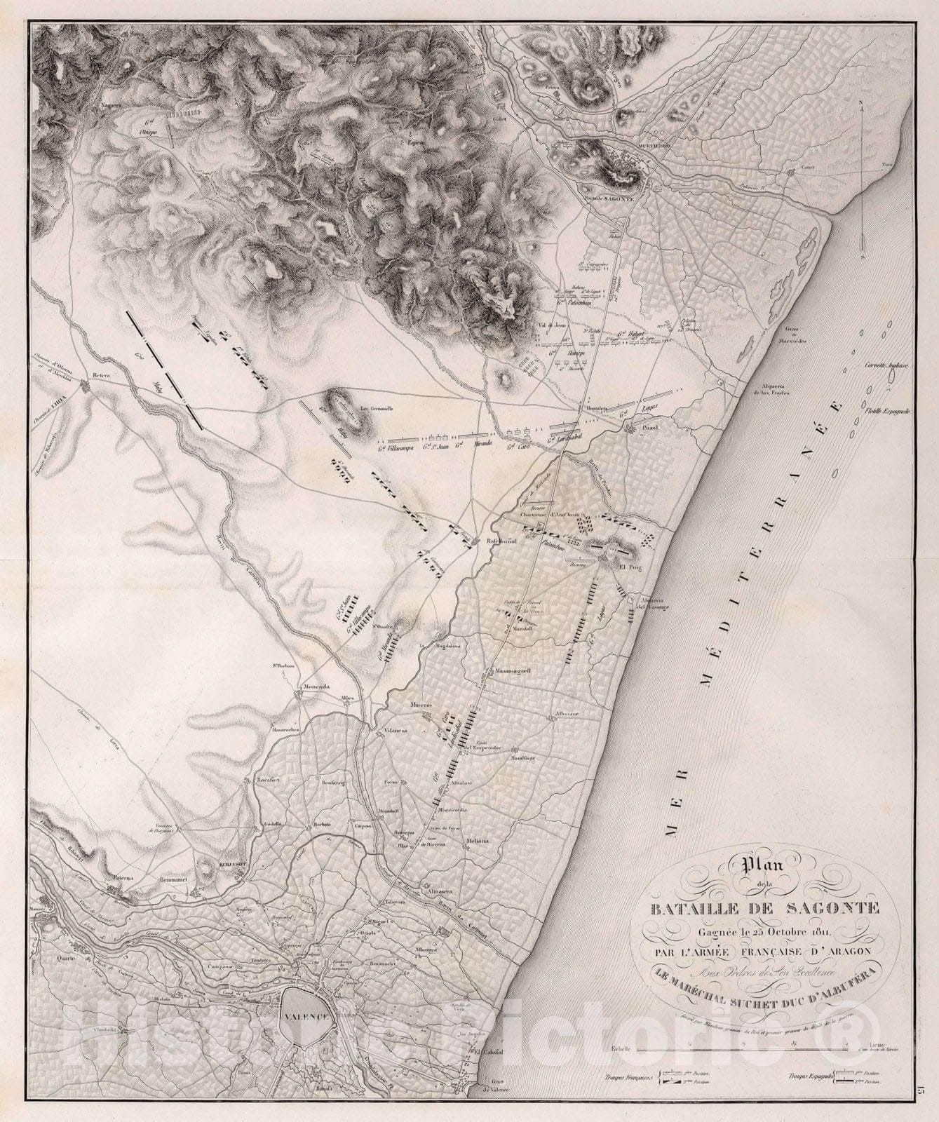 Historic Map : Sagunte , Spain, 1828 Plan de la Bataille de Sagonte. , Vintage Wall Art