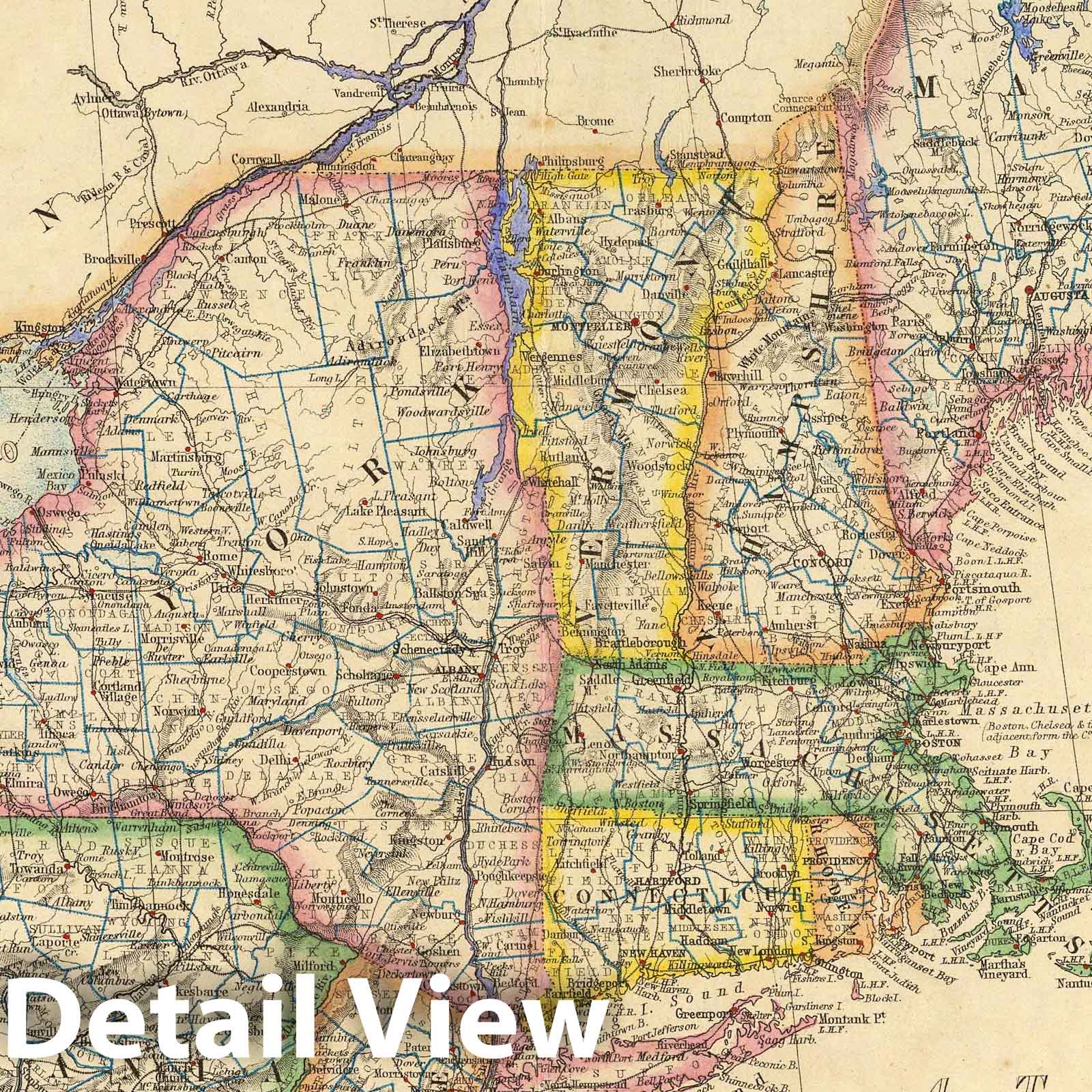 Maine, New Hampshire, Vermont, Massachusetts, Rhode Island, Connecticut, New York, Pennsylvania, New Jersey - Railroad Map, 1857