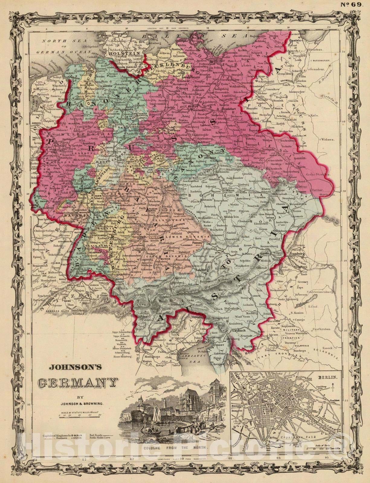 Germany, 1860 - Historical Map Print with Berlin Inset