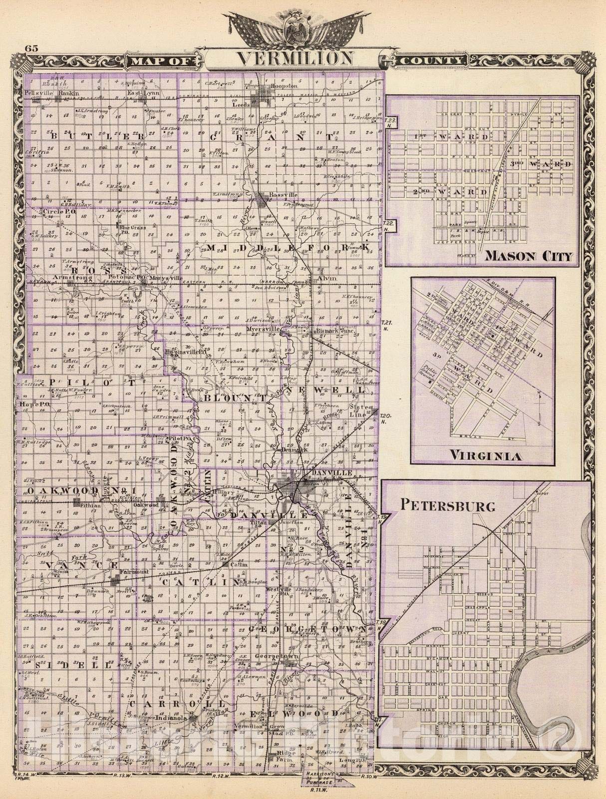 Historic Map : 1876 Map of Vermilion County, Mason City, Virginia and Petersburg. - Vintage Wall Art