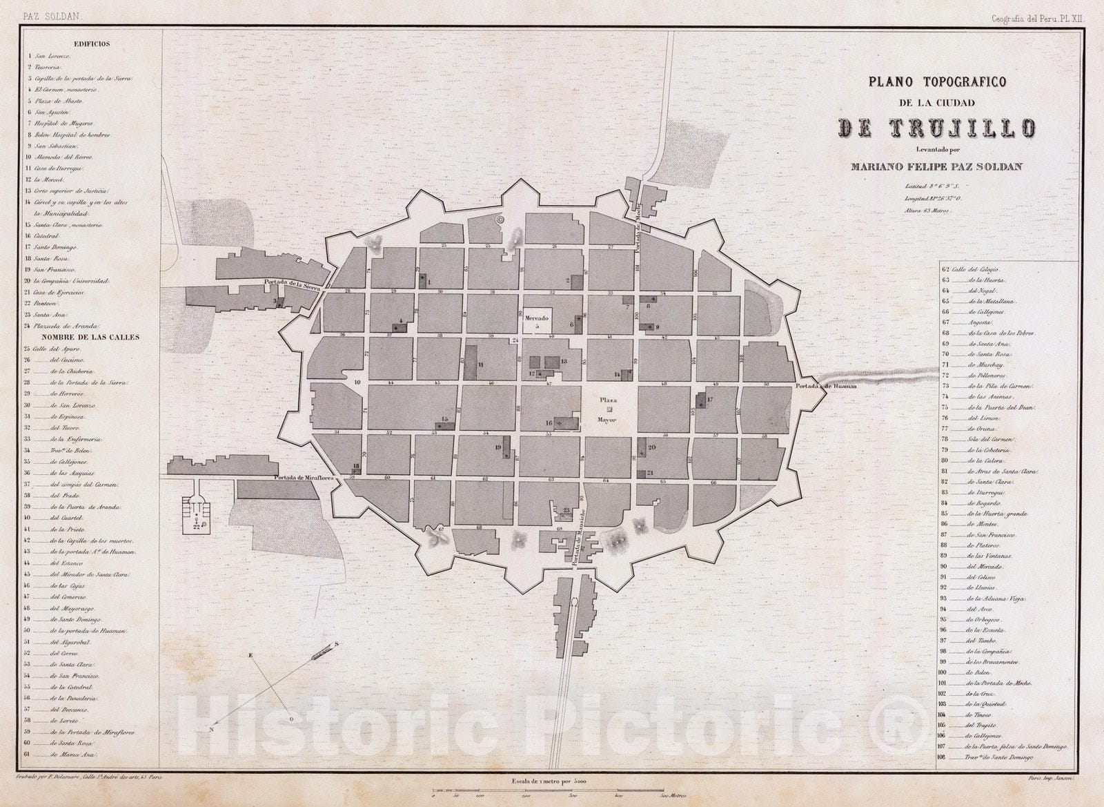 Historic Map : Peru , Trujillo (La Libertad, Peru), 1865 Plano topografico, Ciudad de Trujillo. , Vintage Wall Art