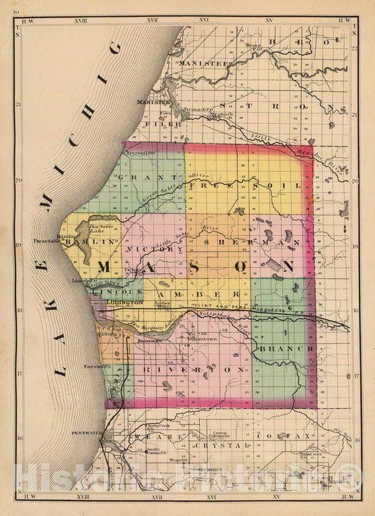 Historic Map : 1873 (Map of Mason County, Michigan) - Vintage Wall Art