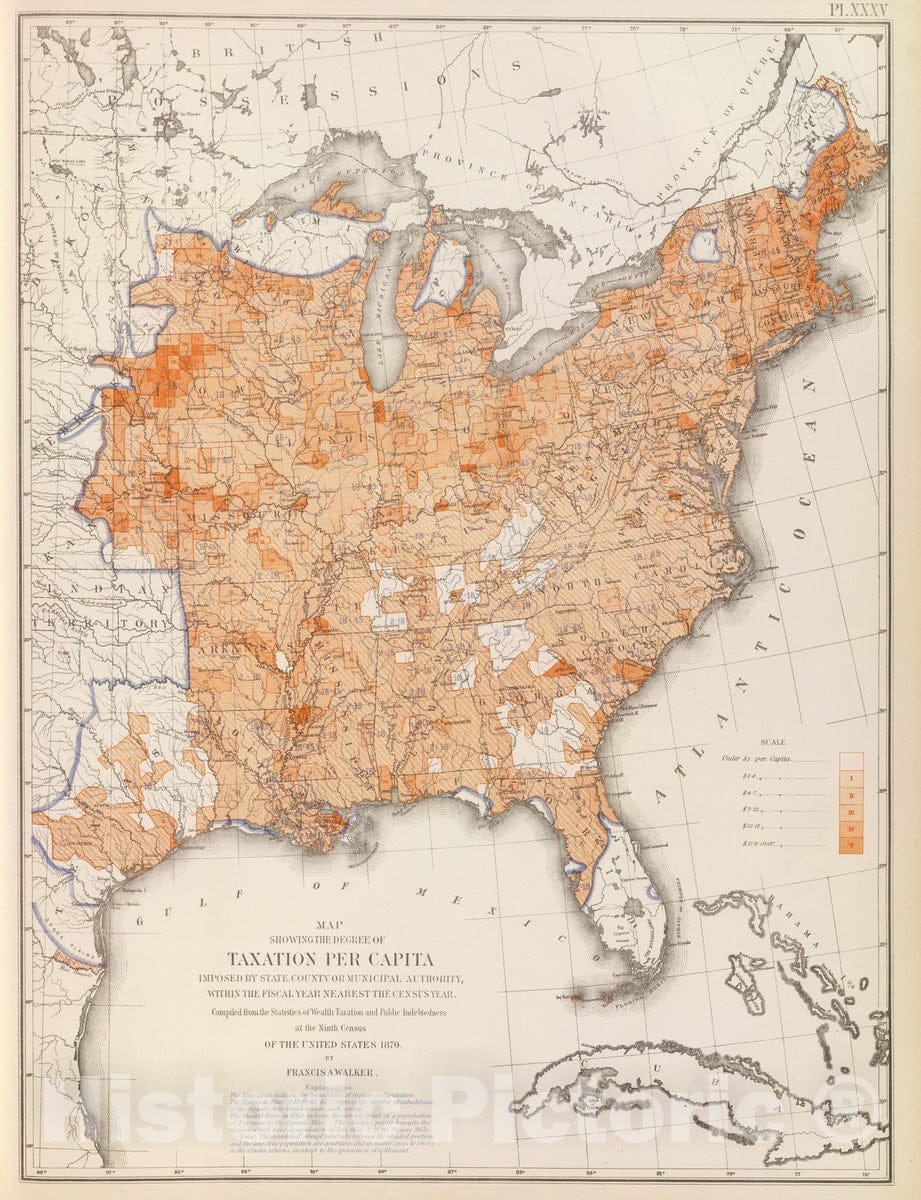 Historic Map : Statistical Atlas - 1874 Taxation per capita US. - Vintage Wall Art