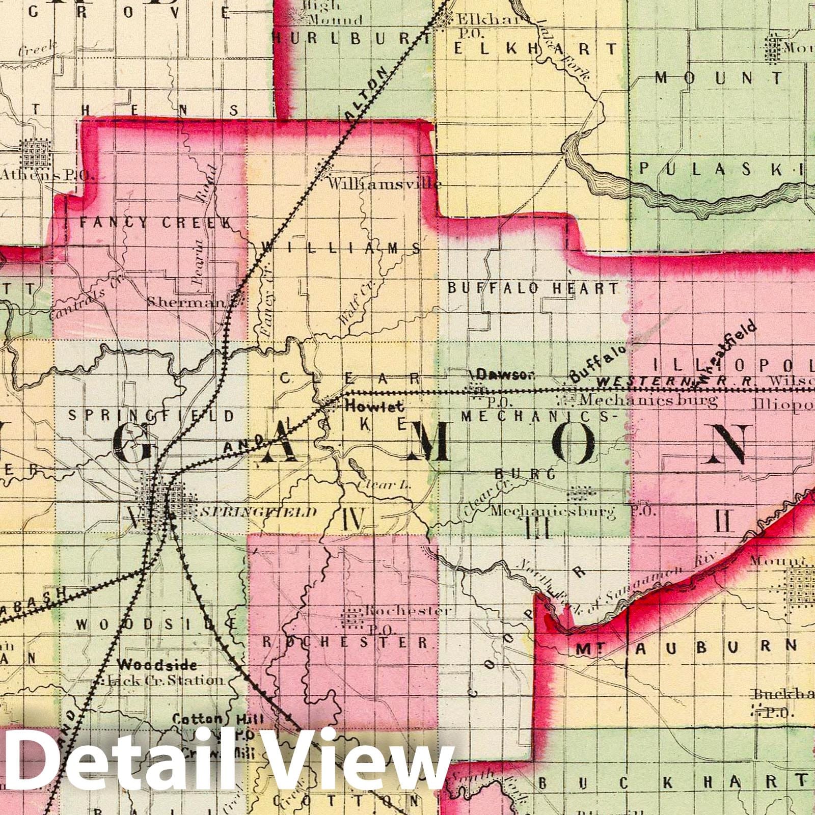 Logan, Sangamon, and Christian Counties, Illinois - Railroad Map, 1870