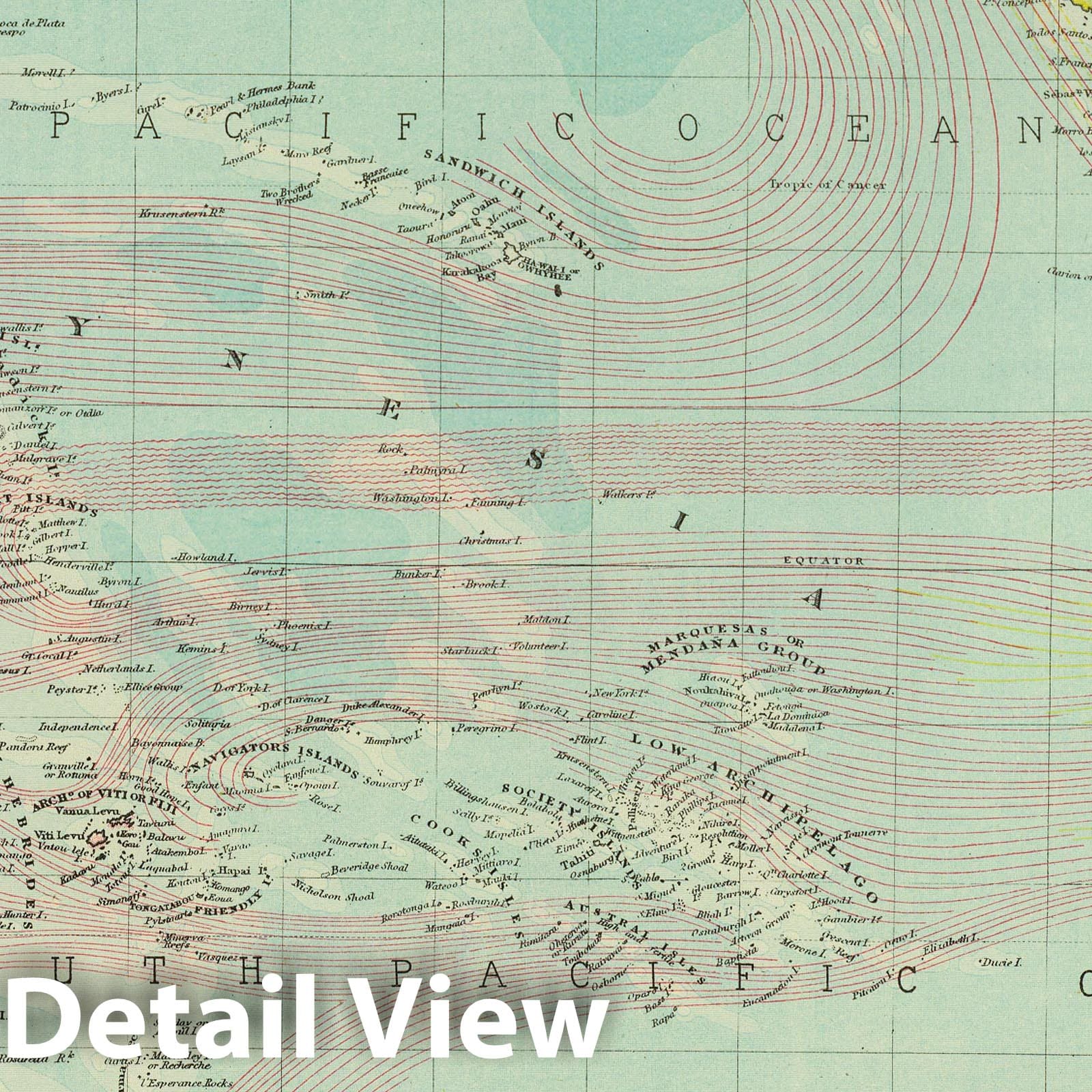 Pacific Ocean - Physical Map, 1883 - Letts's Atlas Historical Map Print