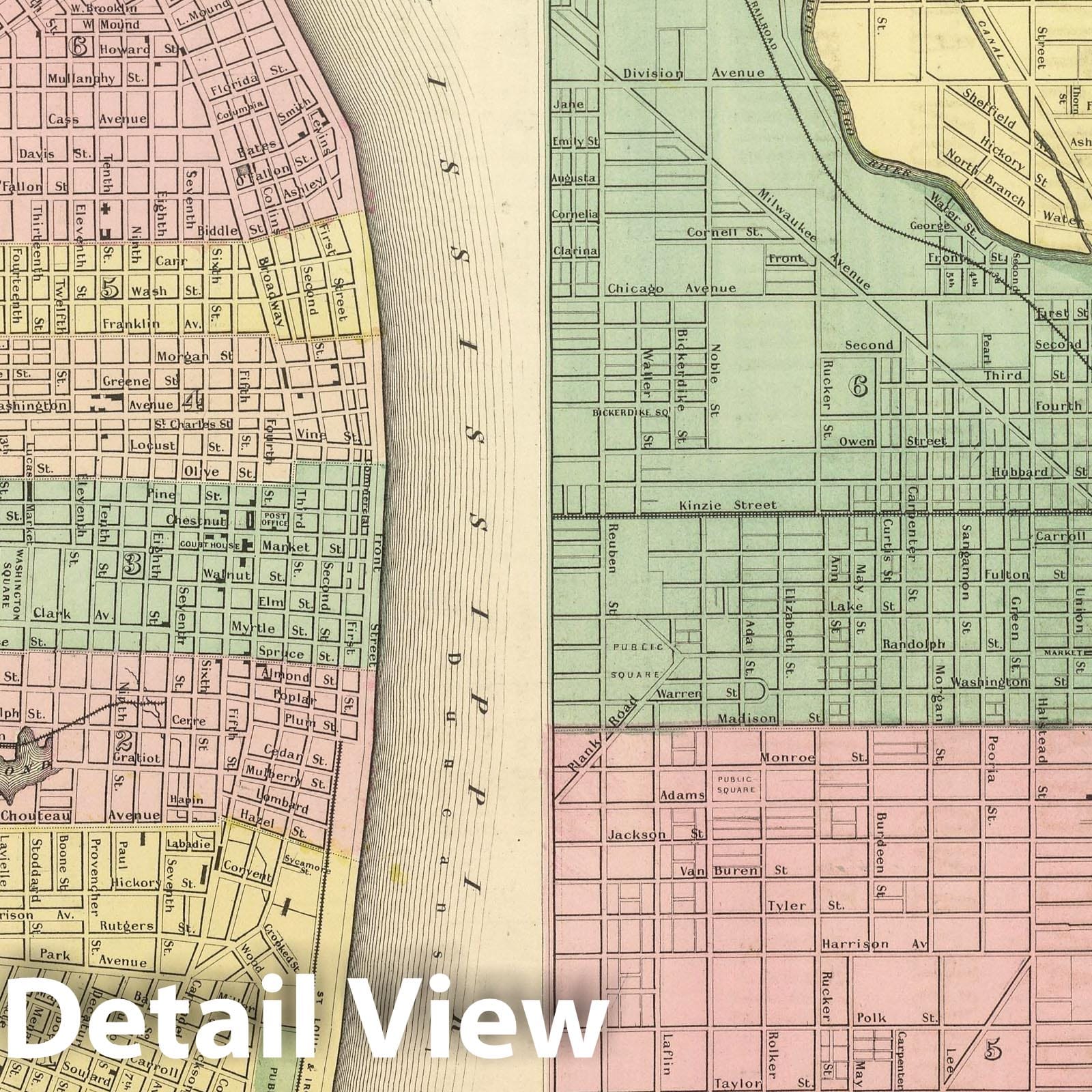 St. Louis, Missouri and Chicago, Illinois - Physical Map, 1857