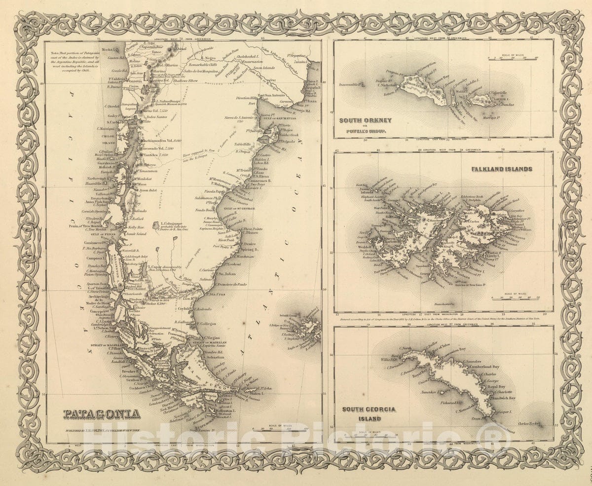 Historic Map : National Atlas - 1857 Patagonia. South Orkney or Powell's Group. Falkland Islands. South Georgia Island. - Vintage Wall Art