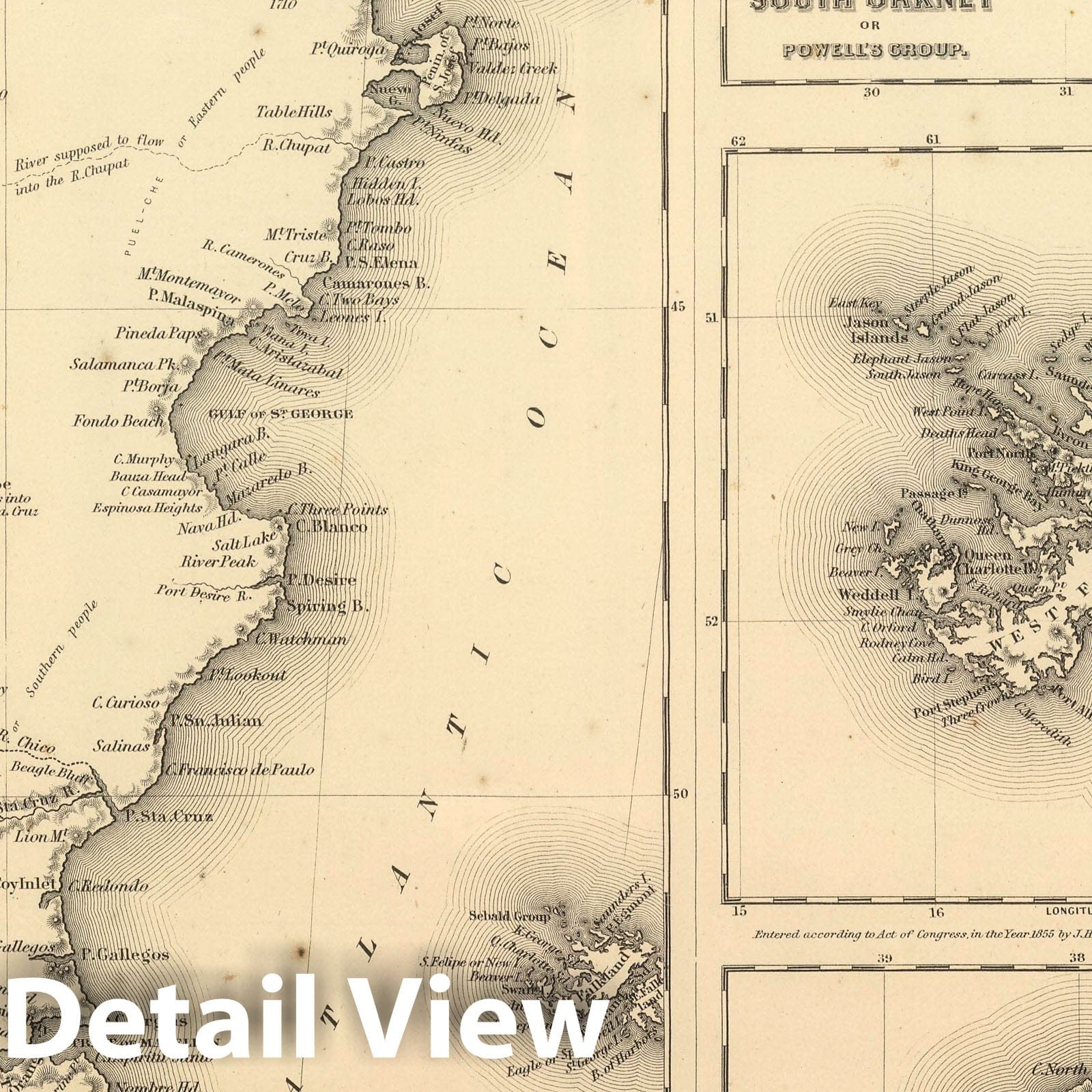 Patagonia, South Orkney Islands, Falkland Islands, South Georgia - 1857 Historical Map Print