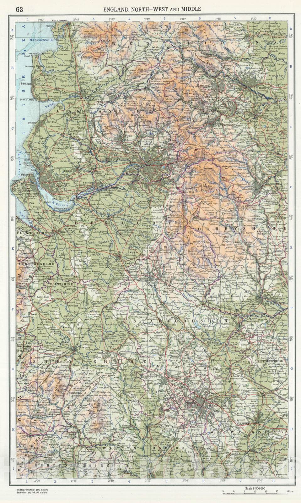 Historic Map : 1967 63. England, North-West and Middle. The World Atlas. - Vintage Wall Art