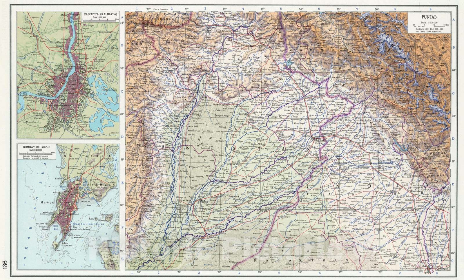 Historic Map : 1967 136. Punjab. Calcutta. Bombay. The World Atlas. - Vintage Wall Art