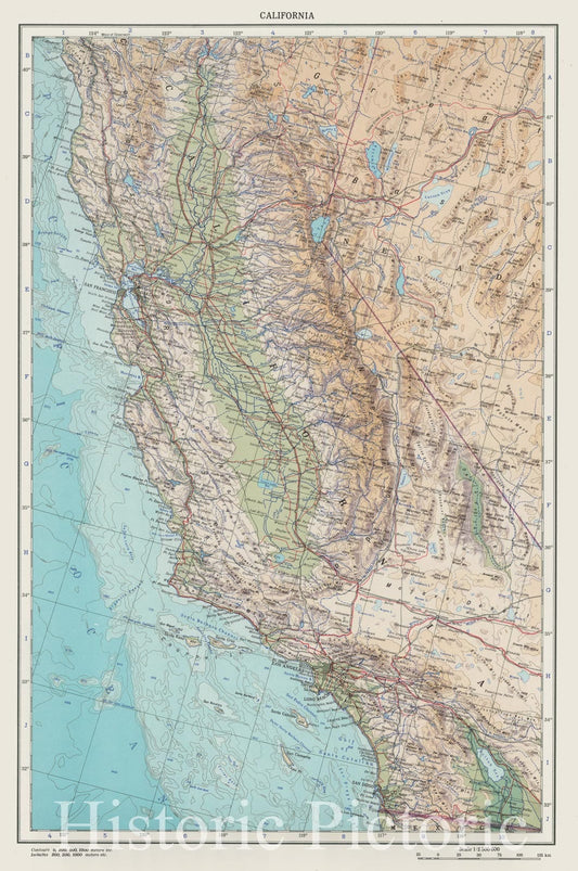 California - Physical Map, 1967 - Soviet World Atlas Historical Map Print