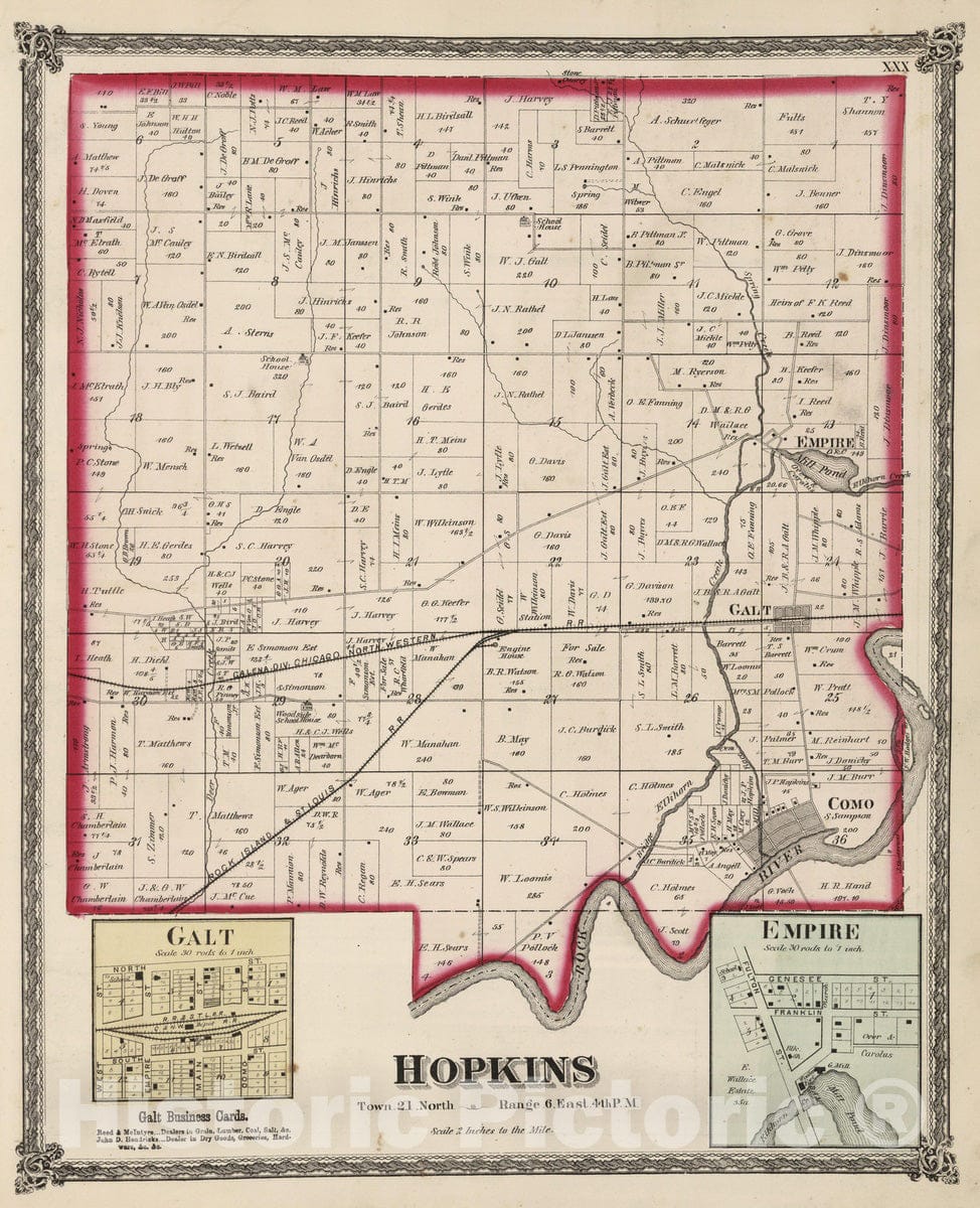 Historic Map : National Atlas - 1872 Hopkins Township, Whiteside County, Illinois. Galt. Empire. - Vintage Wall Art