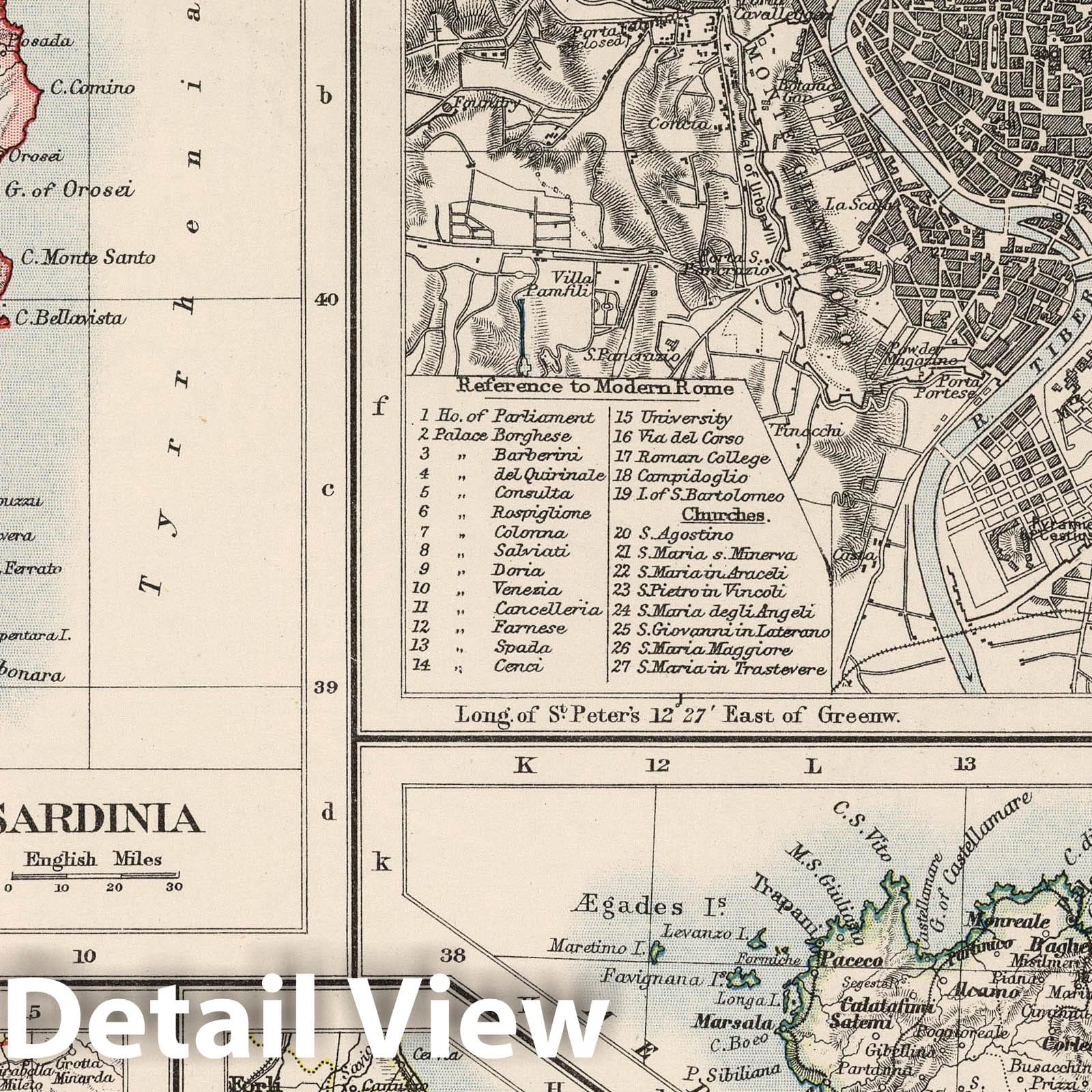 Sardinia, Rome, Naples, San Marino, Sicily - Physical Map, 1906