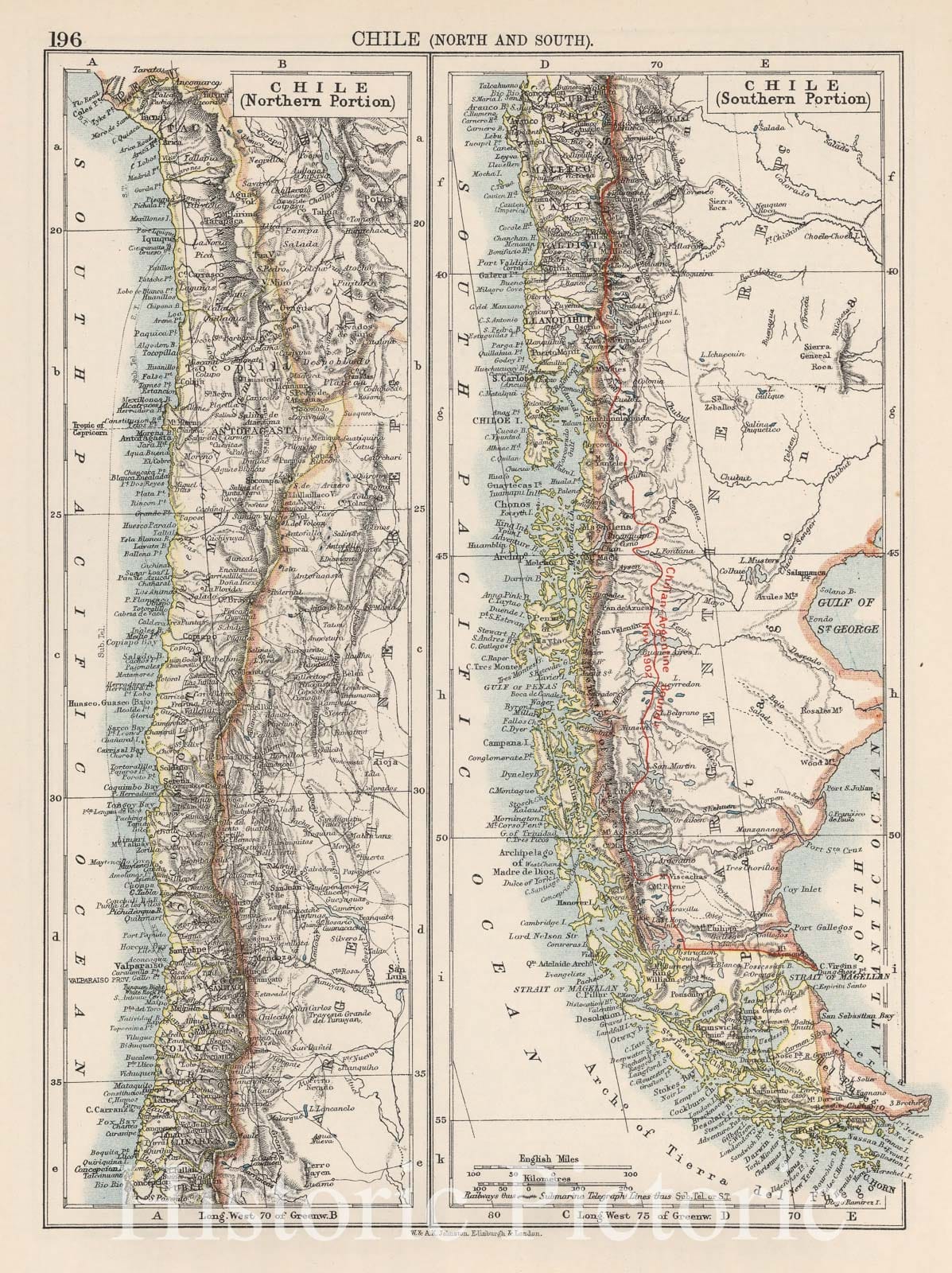 Chile - Physical Map, 1906 - Historical Map Print