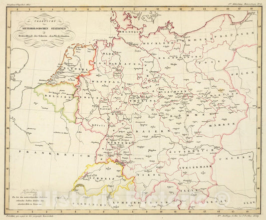 Historic Map : 1849 Ubersicht der Meteorologischen Stationen in Deutschland. - Vintage Wall Art