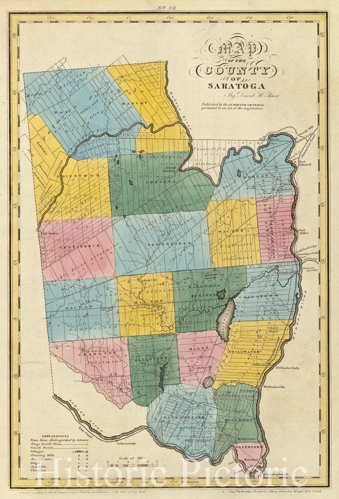 Saratoga County, New York - Physical Map, 1829 - Historical Map Print