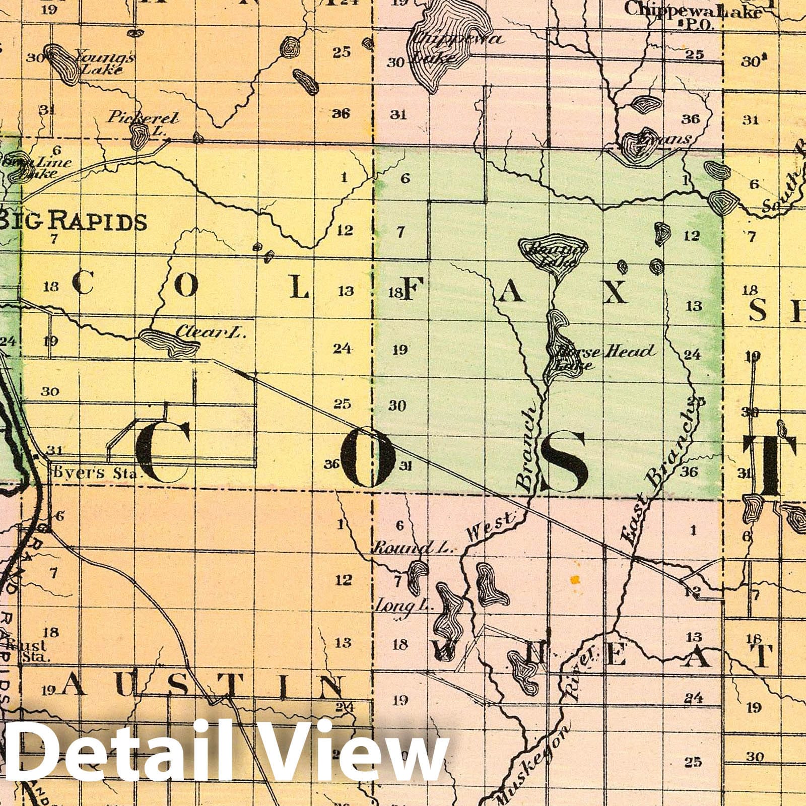 Mecosta County, Michigan - Railroad Map, 1873 - Historical Map Print