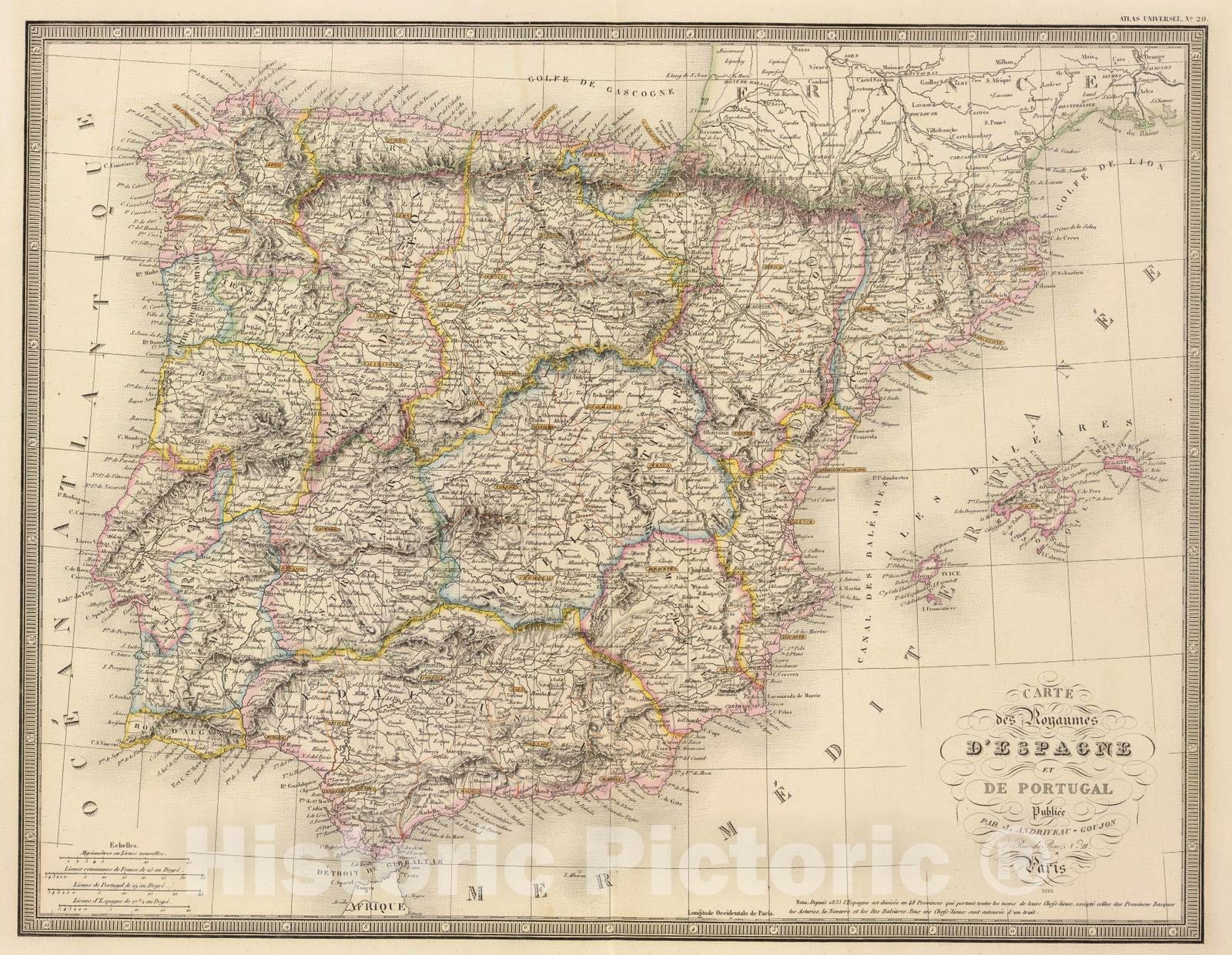 Historic Map : Portugal; Spain, 1850 Espagne, Portugal. , Vintage Wall Art