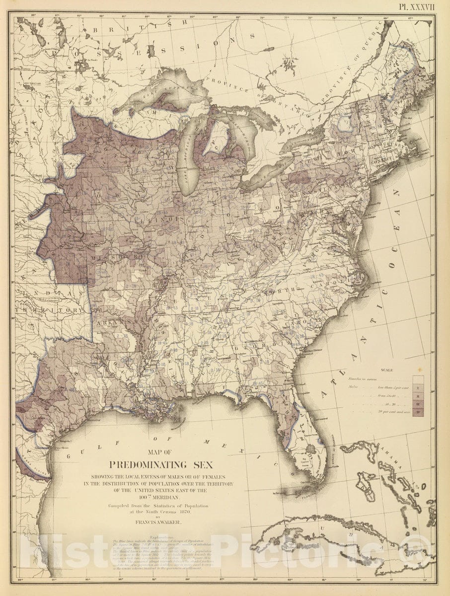 Historic Map : Statistical Atlas - 1874 Predominating sex US. - Vintage Wall Art