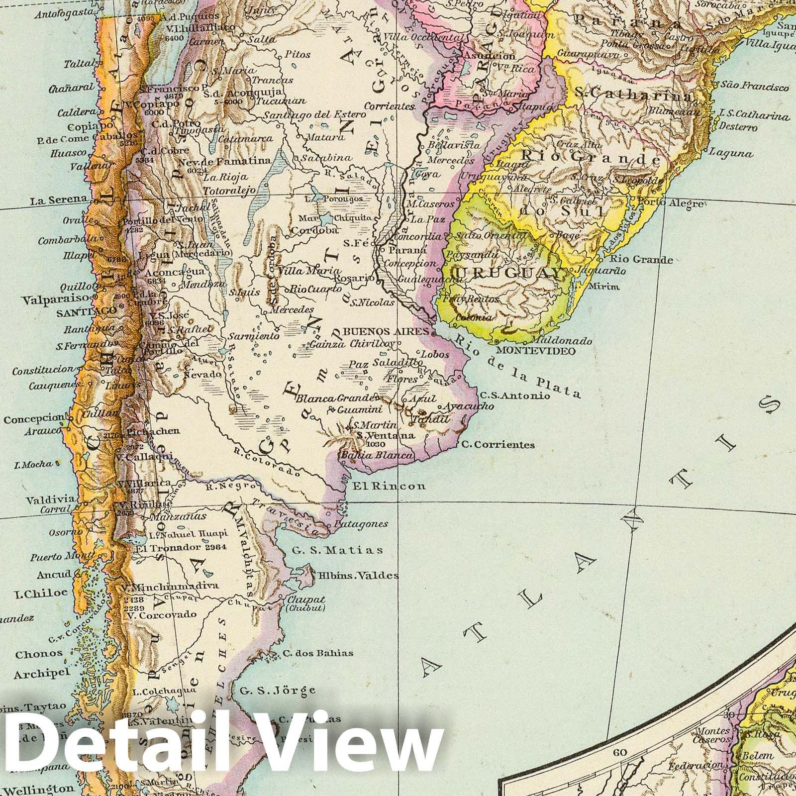 South America: Southern Sheet with Chile, Southern Brazil, and Uruguay - 1881 Map Print
