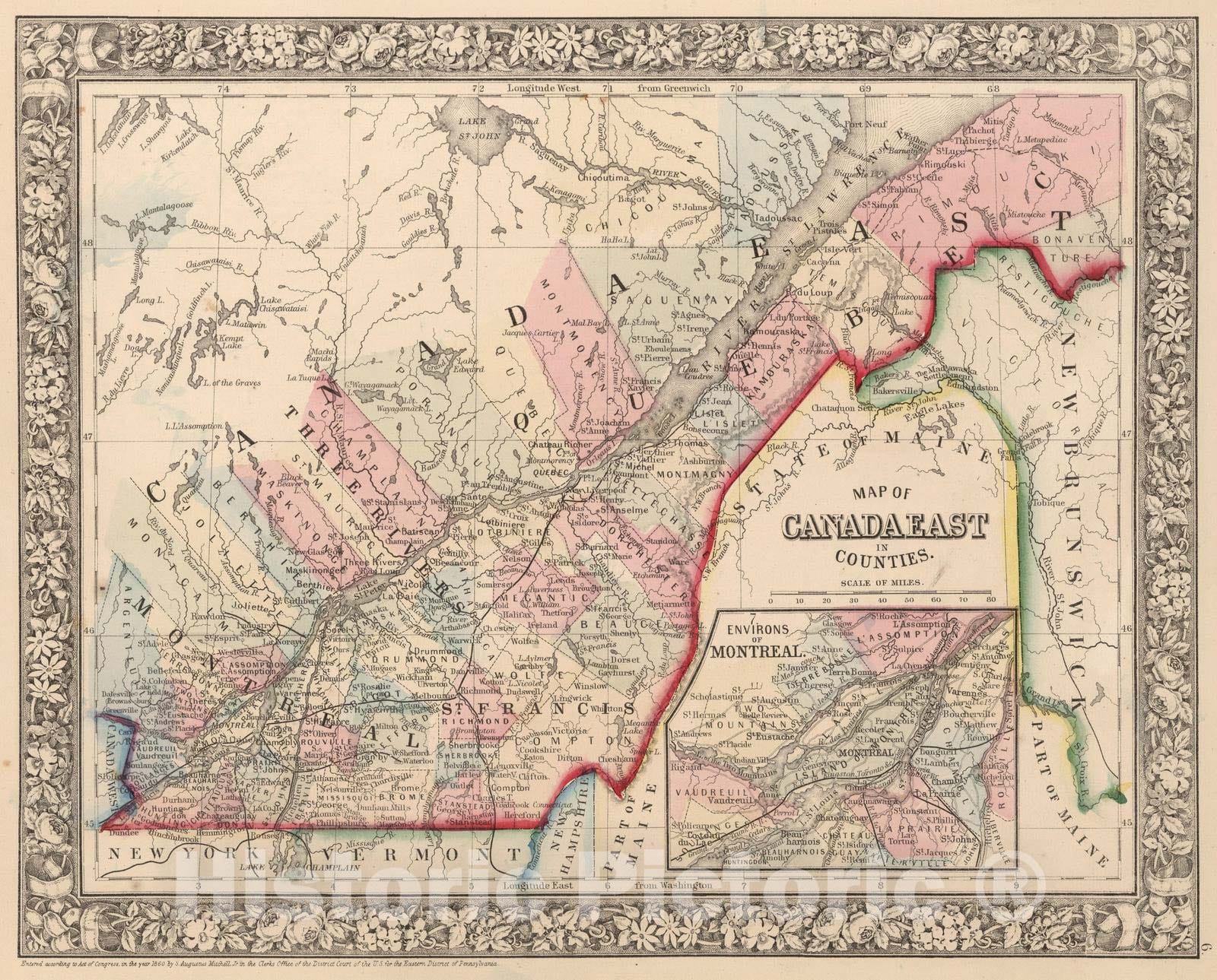 Historic Map : 1865 Map of Canada East in Counties - Vintage Wall Art