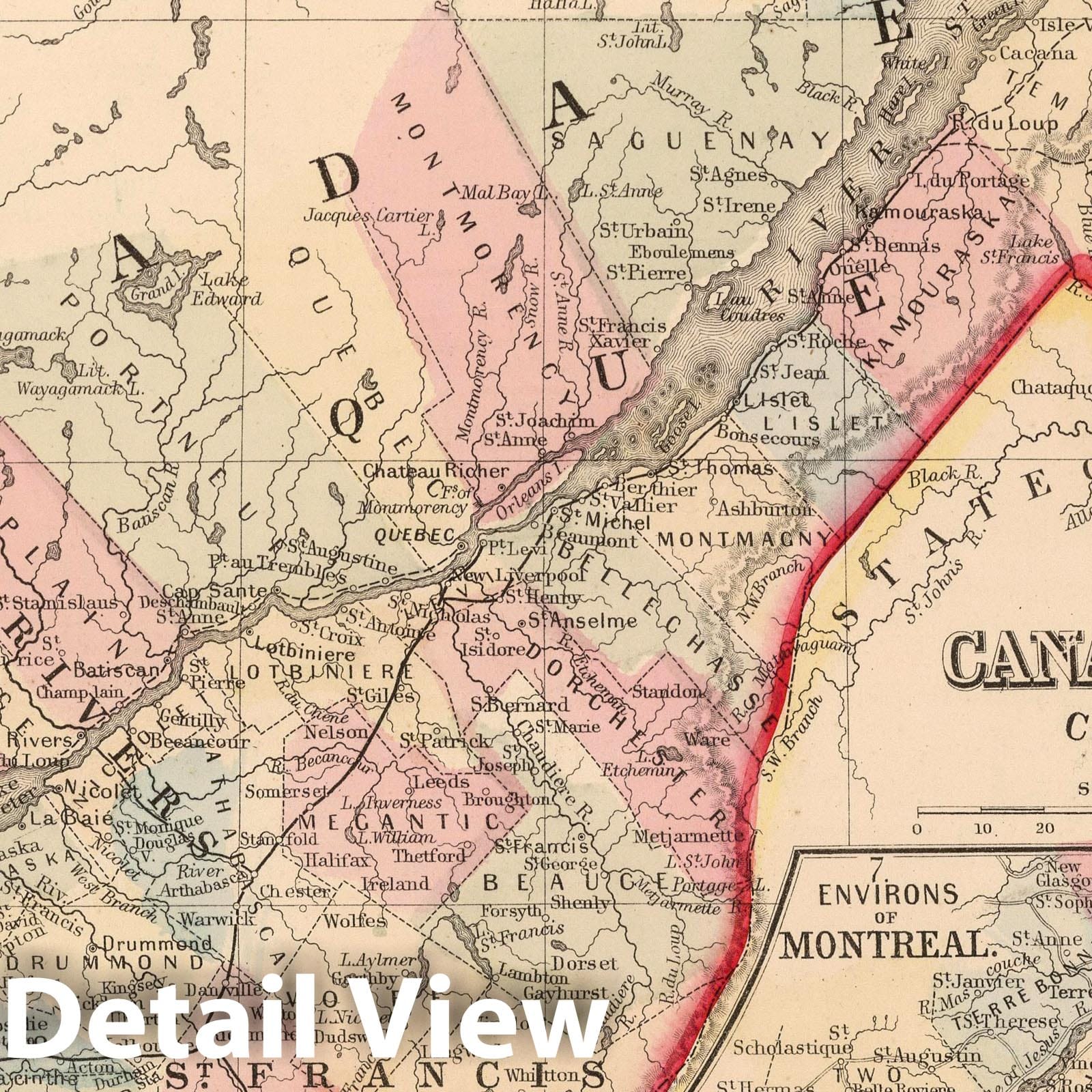 Historic Map : 1865 Map of Canada East in Counties - Vintage Wall Art