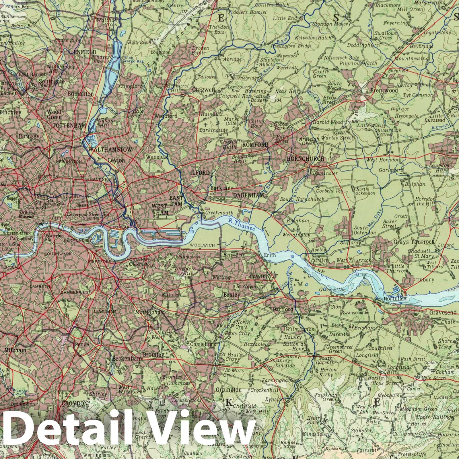 London - Physical Map, 1967 - Historical Map Print from Soviet World Atlas