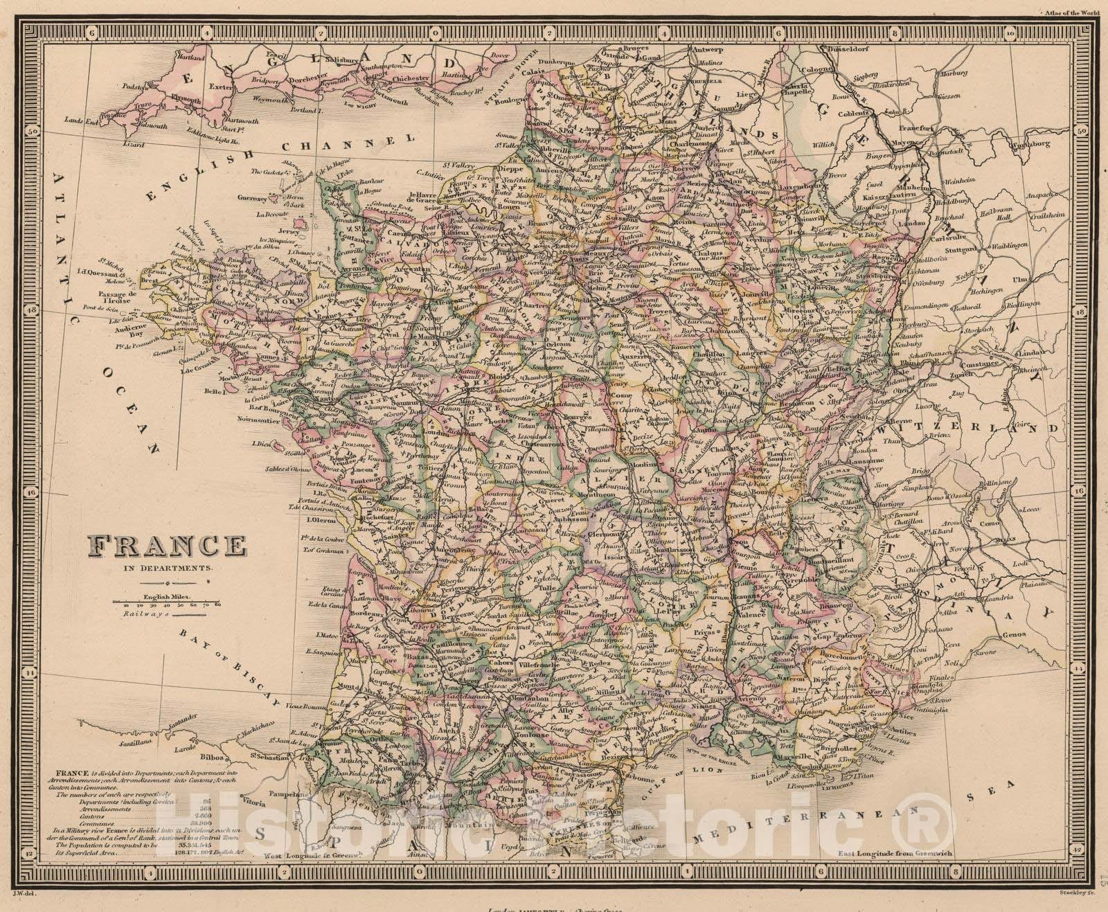 Historic Map : 1864 France in Departments - Vintage Wall Art