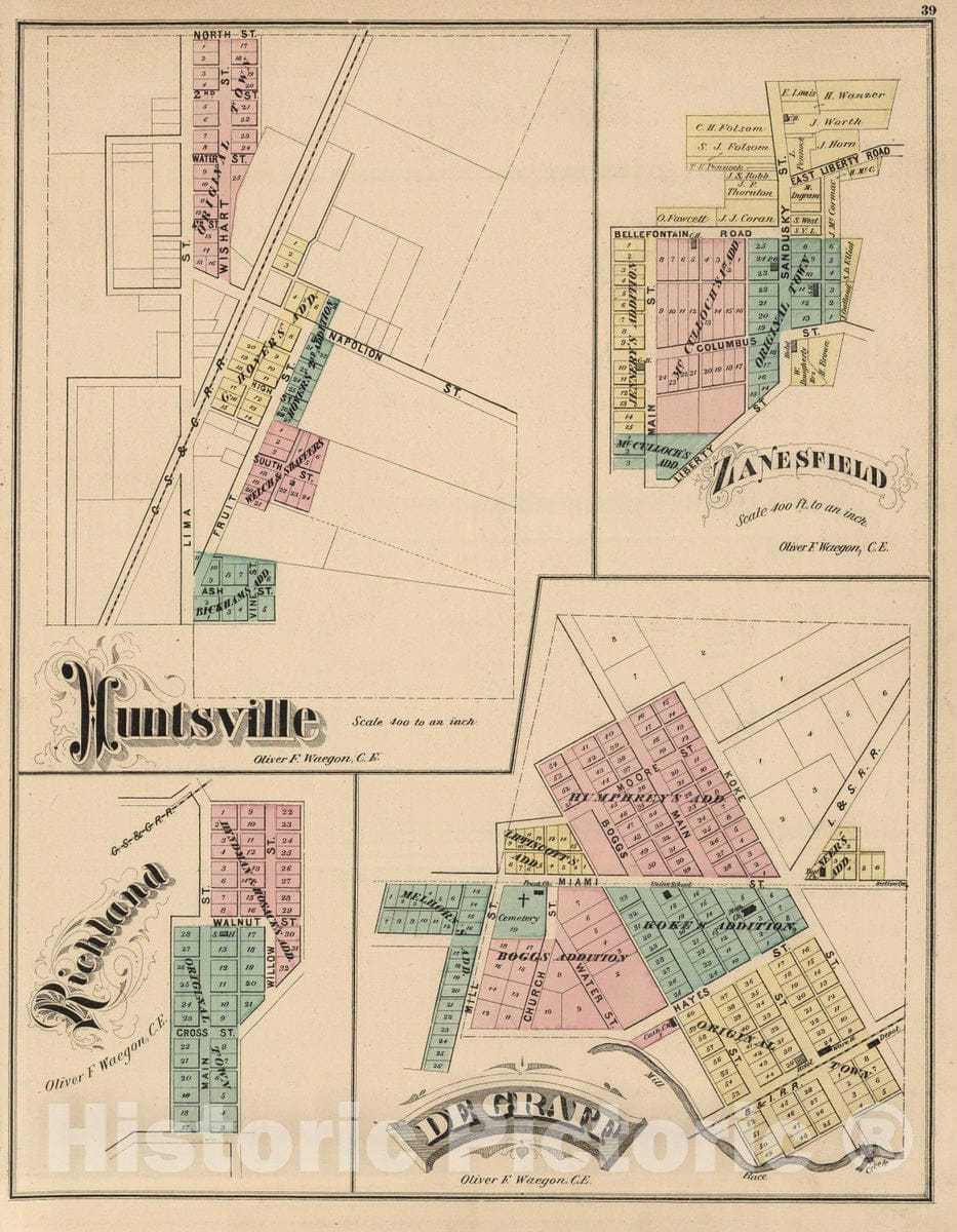 Historic Map : 1875 Huntsville, Richland, Zanesfield, and De Graff, Logan County, Ohio. Oliver F. Waegon. - Vintage Wall Art