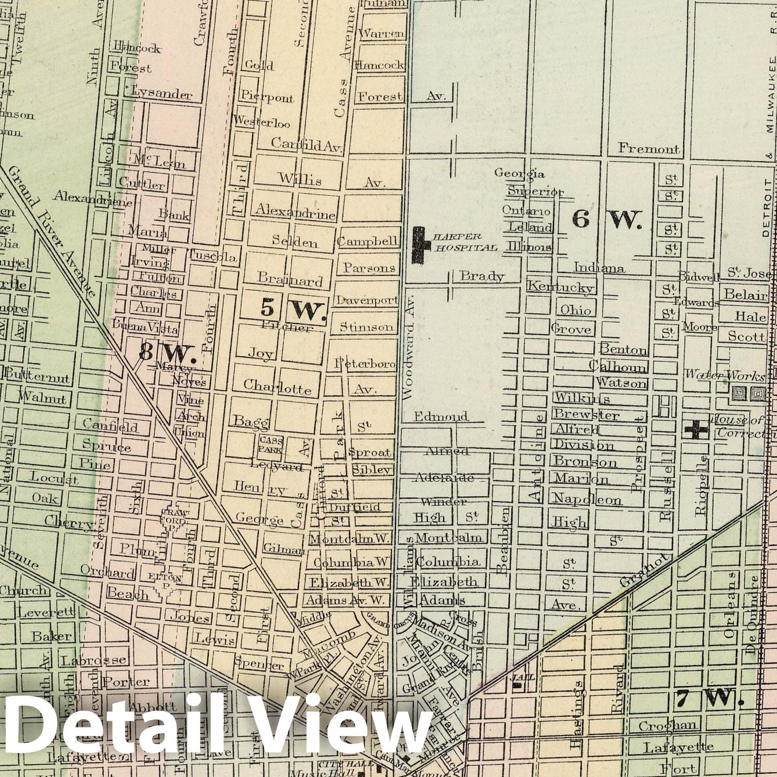 Detroit, Michigan 1874 Historical City Plan Map Print