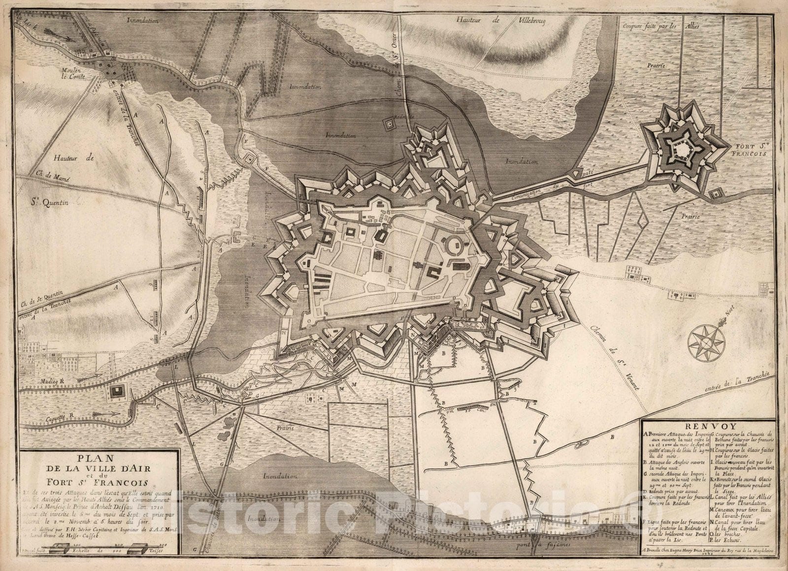 Historic Map : 1710 56. Plan La Ville d'Aire et du Fort St. Francois, Belgium. 1710. - Vintage Wall Art