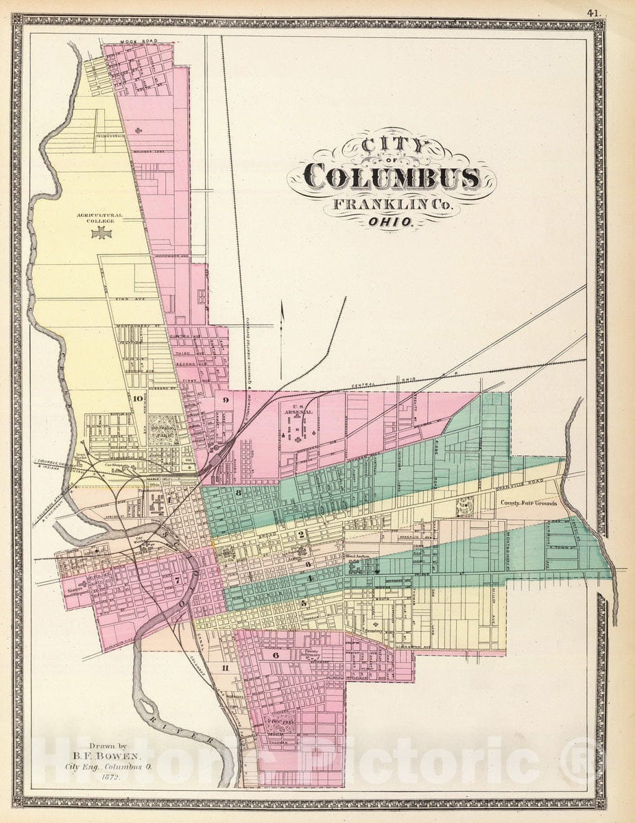 Historic Map : 1872 City of Columbus, Franklin Co, Ohio. - Vintage Wall Art