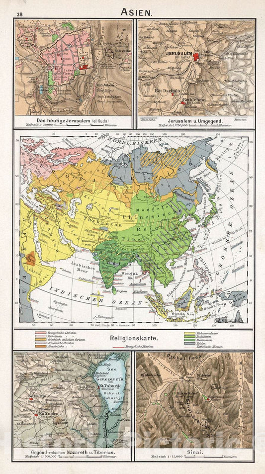 Historic Map : School Atlas - 1896 Asien. Religionskarte - Vintage Wall Art