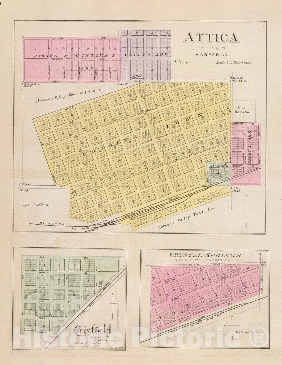 Historic Map : 1887 Attica, Crisfield and Crystal Springs. - Vintage Wall Art