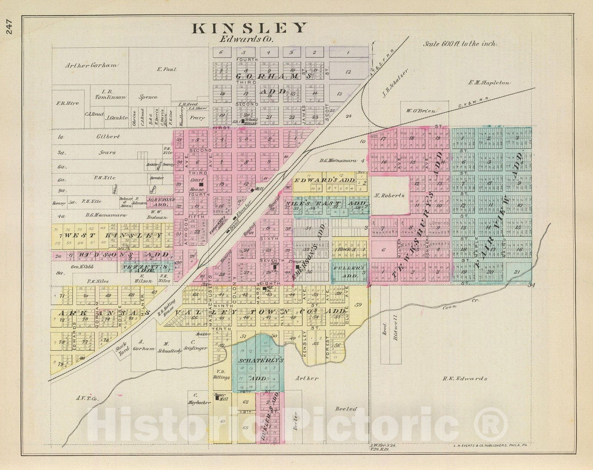 Historic Map : 1887 Kinsley, Edwards Co. - Vintage Wall Art
