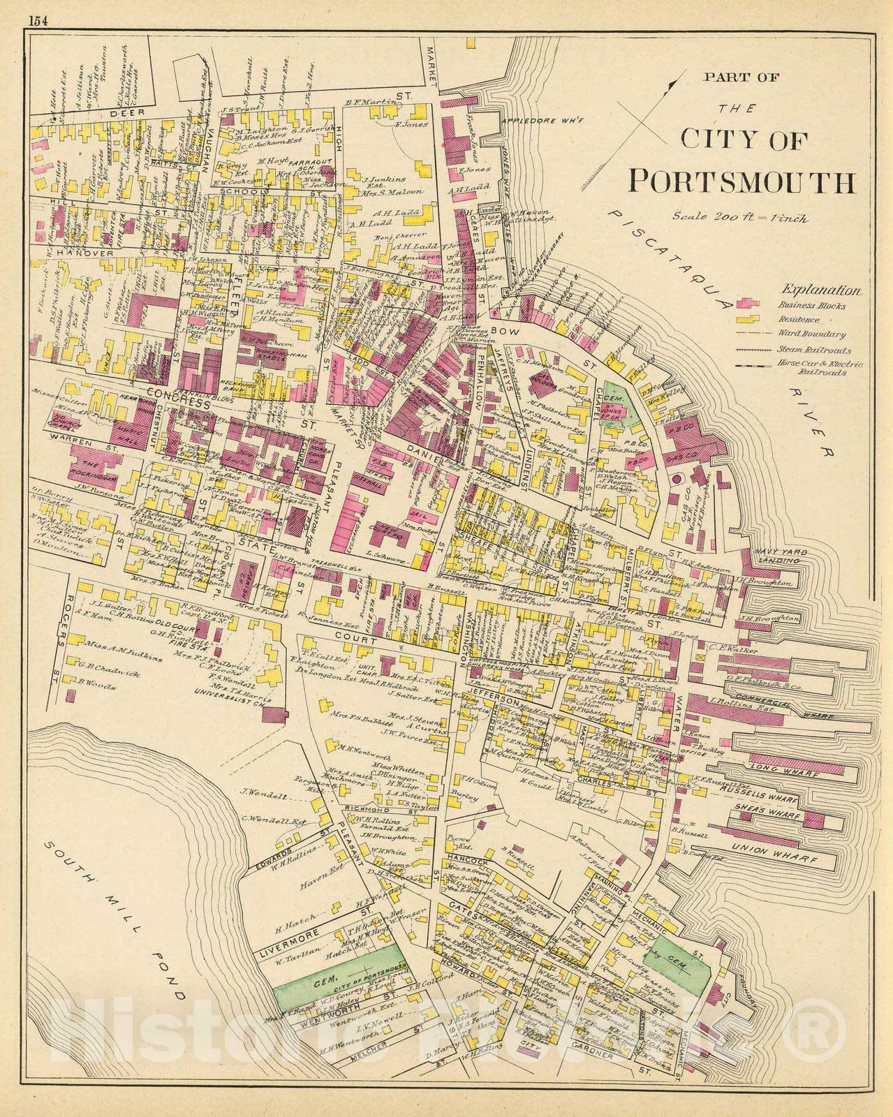 Historic Map : 1892 City of Portsmouth. v3 - Vintage Wall Art