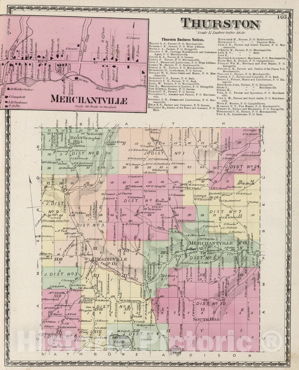 Historic Map : 1873 Thurston. Merchantville. - Vintage Wall Art